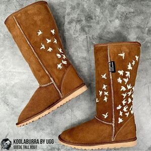 UGG KOOLABURRA PEACE TALL BOOTS CHESTNUT SUEDE SHEEPSKIN FLYING BIRDS DOVE FLOCK